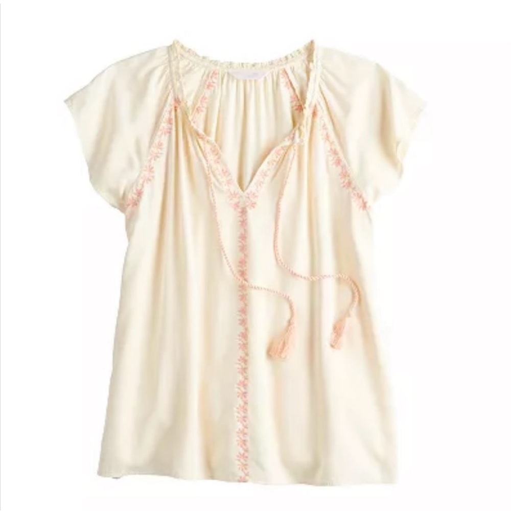 LC Lauren Conrad Cap Sleeve Embroidered Boho Peasant Top